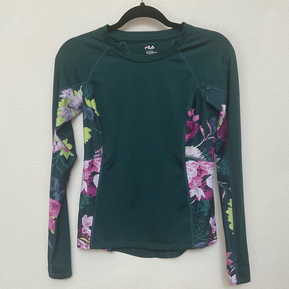 Fila Emerald Green Long Sleeve Tropical Floral Panel Workout Top Size XS
